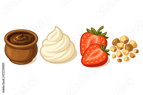 Delicious toppings for desserts including chocolate, whipped cream, strawberries, and nuts displayed in a colorful arrangement