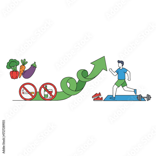 Wellness journey vector art combines healthy diet, avoiding bad habits, and physical activity. Flat modern design, ideal for public health campaigns, apps, or websites.