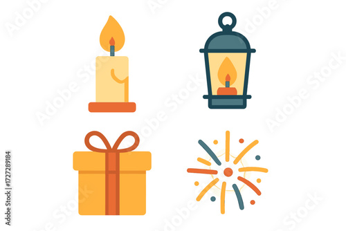 Celebration items including candles, lanterns, gifts, and sparkles for festive occasions