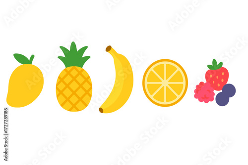 Bright and colorful cartoon fruits featuring lemon, pineapple, banana, orange, strawberry, raspberry, and blueberry