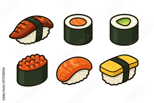 Colorful sushi variety displayed with different types of rolls and toppings on a white background for a vibrant culinary experience
