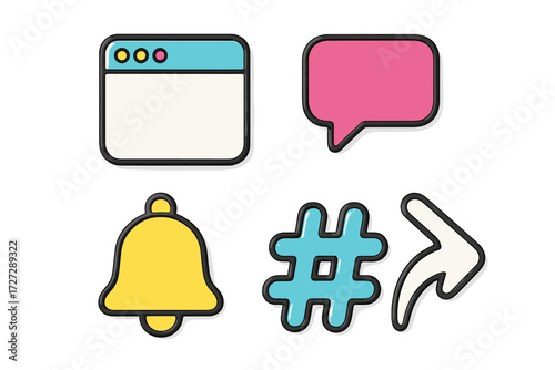 Colorful icons representing communication and digital interaction with a browser window, chat bubble, bell, hashtag, and arrow