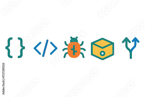 Collection of programming icons representing coding, debugging, and software development processes in a minimalist style