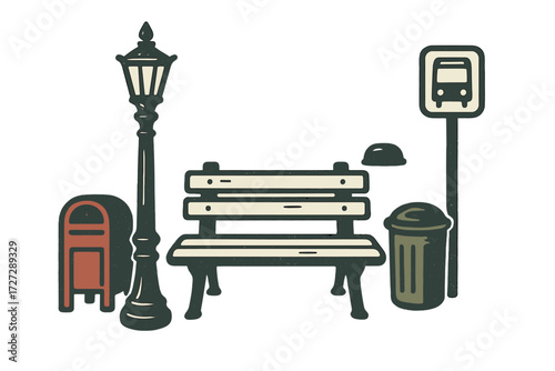 Park bench, street lamp, mailbox, bus stop, and trash can create a quiet urban scene in a city park at dusk