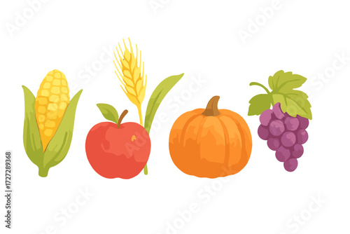 Colorful seasonal harvest of fruits and vegetables showcasing corn, apple, pumpkin, and grapes arranged on a white background