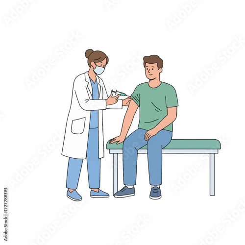 Vector art of a paramedic performing surgery on a patient. Modern flat design, thick borders, ideal for health safety content.