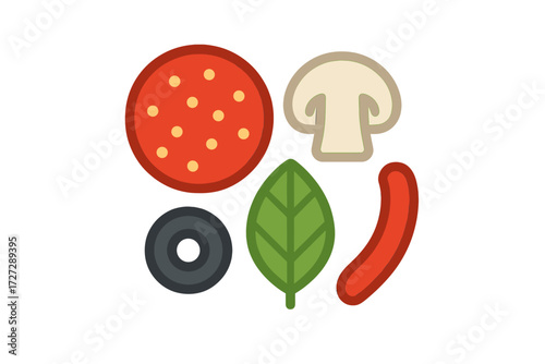 Colorful pizza toppings featuring pepperoni, mushrooms, olives, sausage, and fresh basil on a white background