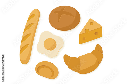 Colorful collection of bread, cheese, and egg shapes arranged in a circular pattern on a plain background