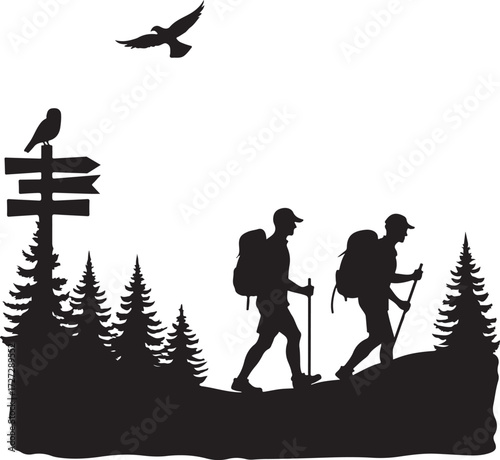 Two hikers with backpacks and poles walking past a signpost with an owl and a bird flying