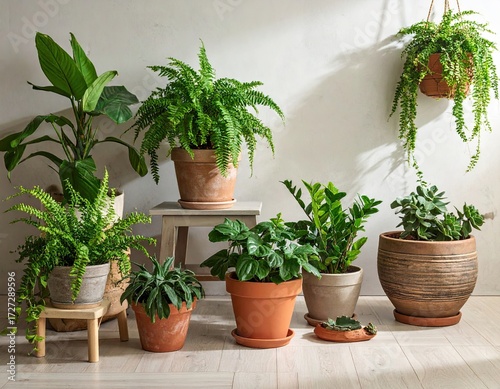 Indoor Plants Collection in Terracotta Pots Against White Wall