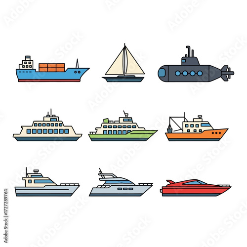 A collection of nine different types of watercraft, including a container ship, sailboat, submarine, ferry, and various yachts, presented in a flat, cartoon style.