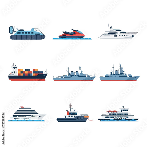 Collection of nine different types of watercraft including a hovercraft, jet ski, yacht, cargo ship, warships, cruise ship, tugboat, and ferry.