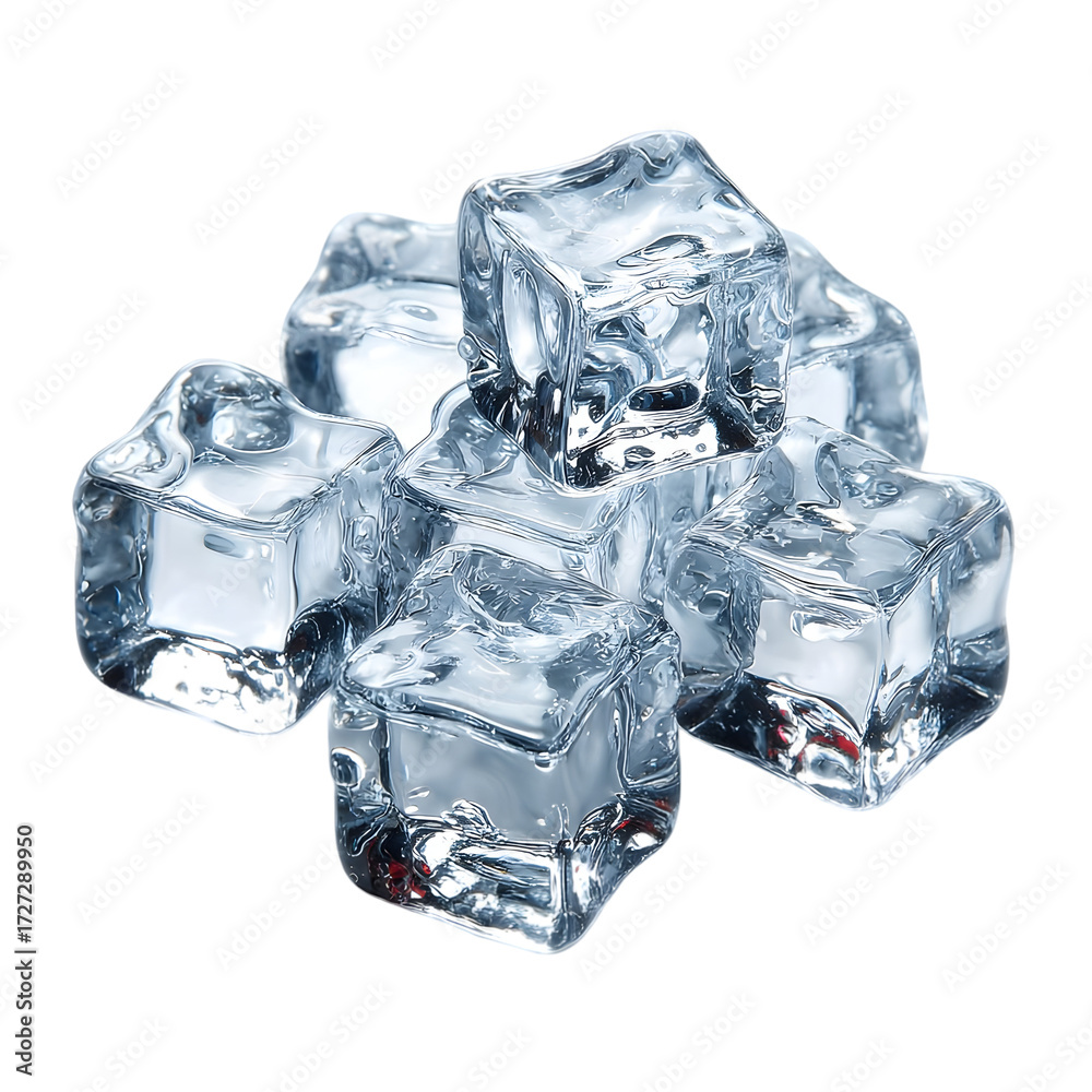 Obraz premium A pile of clear, transparent ice cubes with sharp edges and a slightly irregular shape, isolated on a pure transparent background, suggesting coolness and refreshment