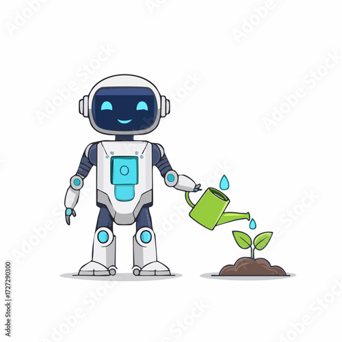 A cartoon robot watering a small plant seedling with a green watering can, symbolizing growth and technology.