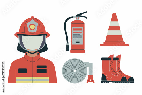 Essential firefighter equipment including helmet uniform extinguisher traffic cone hose reel and boots for safety and emergency response