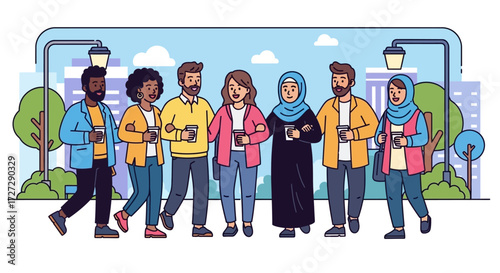 Diverse group of friends happily walking together enjoying coffee on a vibrant city street, celebrating community and connection
