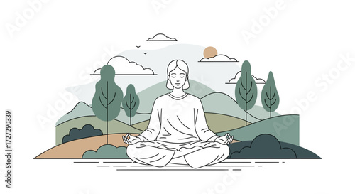 Serene person finds inner peace meditating outdoors amidst rolling hills and stylized trees, embracing calm and mindfulness.