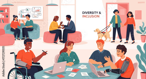 Diverse team collaborates in modern office fostering inclusion and teamwork with accessible workspaces and support