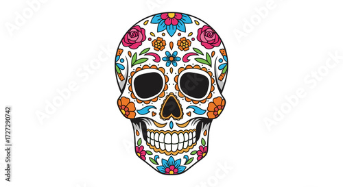 Vibrant and ornate Mexican sugar skull (Calavera) with intricate floral patterns, a traditional symbol for Dia de los Muertos celebration, isolated vector illustration.