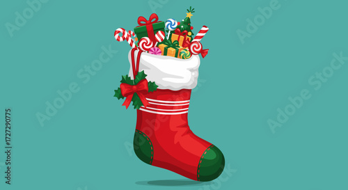 A vibrant Christmas stocking filled with festive gifts and candy canes, for a joyful holiday season, vector illustration, svg, isolated on transparent background.