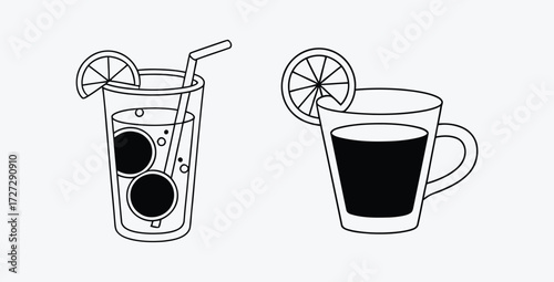 Two drinks with lemon slice vector line art illustration