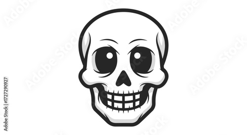 Stylized human skull in a cartoon comic style with goofy eyes, a black and white graphic design element. Svg vector illustration isolated.
