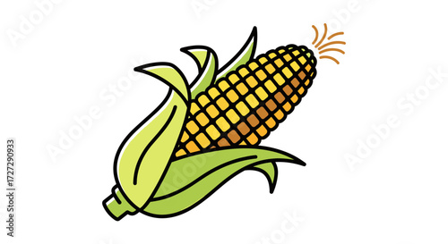 Corn on the cob vector illustration. Fresh, ripe ear of sweetcorn with green husk, a food icon isolated on transparent background for design.