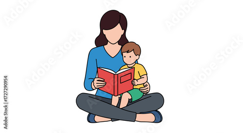 Mother and child  reading a book together, family learning and bonding concept. SVG vector illustration isolated on transparent background.