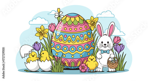 Cute Easter bunny and hatching chicks with a big decorated egg among spring flowers like daffodils and crocuses. Vector illustration for holiday design.