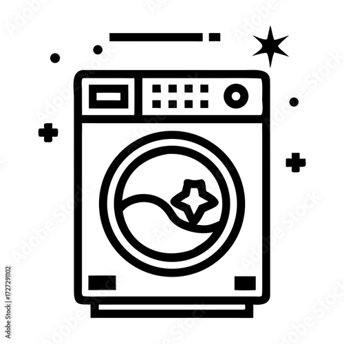 Washing machine icon with pixel-inspired geometric square details, modern design - Concept of household appliances in Digital mosaic effect  