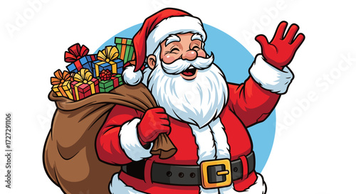 Jolly Santa Claus character waving with a sack of gifts, Christmas holiday vector illustration svg isolated on transparent background.