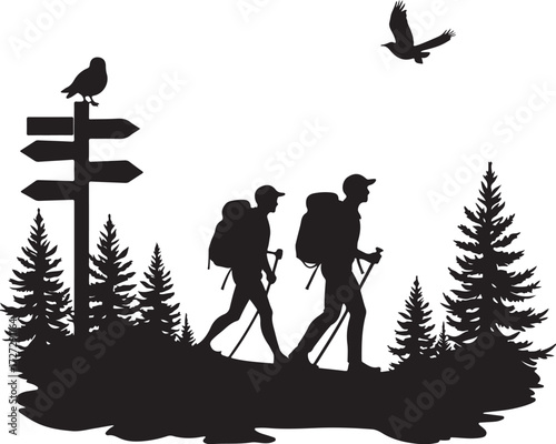 Two hikers with backpacks and poles walking past a signpost with birds