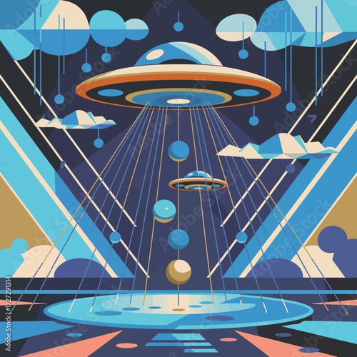 Geometric Abduction Scene Featuring UFOs and Beams of Light in a Stylish Retro Design Concept