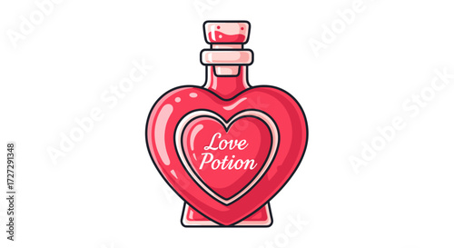 Love potion in a heart-shaped bottle, a magical elixir for romance and Valentine's Day. SVG vector illustration isolated on transparent background.