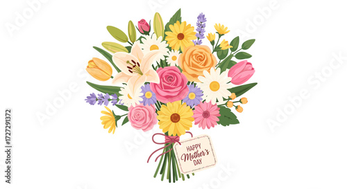 of a Mother's Day flower bouquet with roses, lilies, and daisies, a perfect gift for the holiday vector illustration svg on a transparent background.