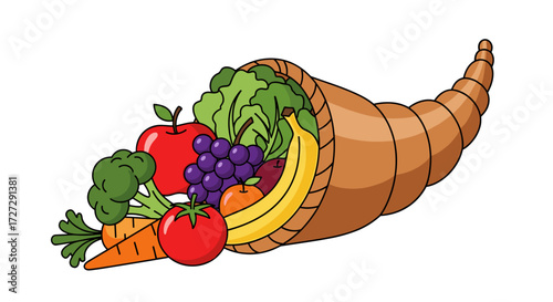 Cornucopia vector illustration overflowing with colorful fruits and fresh vegetables, symbolizing harvest, abundance, and Thanksgiving.