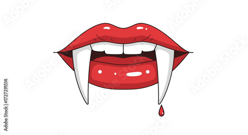 Striking vector illustration of vampire lips with sharp fangs and dripping blood, perfect for Halloween, horror, and gothic designs, isolated on transparent background.