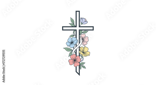 of a cross adorned with vibrant pastel flowers, symbolizing faith, hope, and remembrance, isolated on transparent background, vector illustration svg.