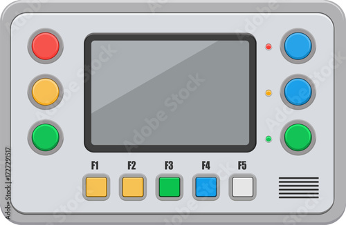 Vector illustration of a machine interface display panel with buttons and a touch screen in modern industrial control
