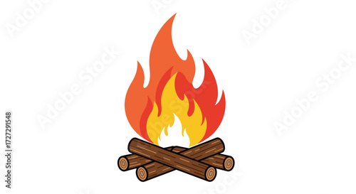 Burning campfire with hot glowing flames and stacked wood logs for outdoor camping leisure. Vector illustration svg isolated on transparent background.