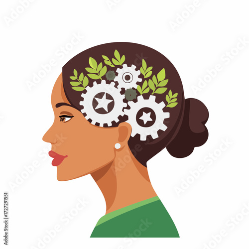 Side profile illustration of a woman's head, featuring interconnected gears and green leaves within her mind, symbolizing natural intelligence, growth, and environmental thinking.