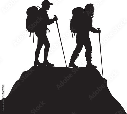 Two hikers with backpacks and trekking poles on a rocky summit
