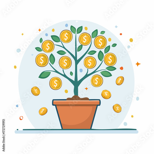 An illustration of a money tree with golden dollar coins as leaves, symbolizing financial growth and successful investment.