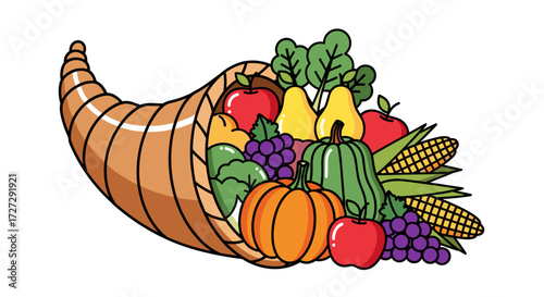 Cornucopia vector illustration filled with fresh autumn harvest fruits and vegetables, a symbol of abundance and prosperity, isolated on transparent background.