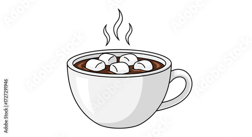 Hot chocolate in a white ceramic mug with melting marshmallows and rising steam, a comforting sweet beverage vector illustration, isolated on transparent background.