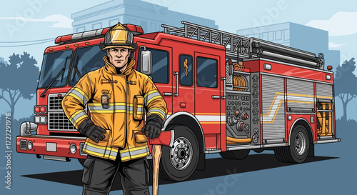 Firefighter in yellow uniform with axe by red fire engine, ready to respond. Vector illustration, svg, isolated on transparent background.
