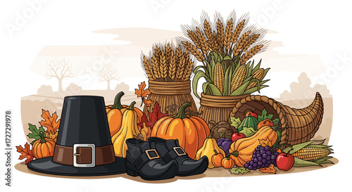 Autumn Thanksgiving harvest vector illustration with cornucopia, pumpkins, gourds, wheat, and pilgrim hat, isolated on transparent background.