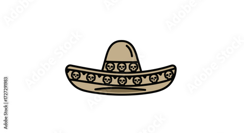 Traditional Mexican sombrero with decorative skull band for Day of the Dead celebration, a festive cultural svg vector illustration isolated on transparent background.