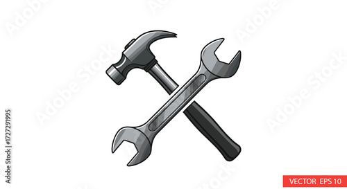 Crossed hammer and wrench, classic tools for repair, maintenance, construction, graphic for industry, vector illustration, svg, isolated on transparent background.