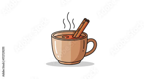 Cozy steaming hot spiced drink in a rustic ceramic mug with a cinnamon stick for warmth, comfort, isolated on transparent background, svg vector illustration.